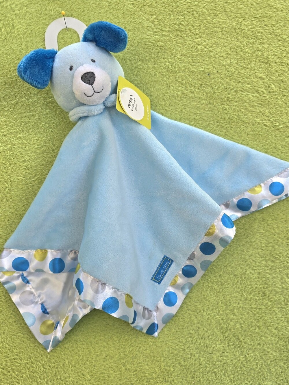NWT MINT Carter's BABY Blue PUPPY DOG Lovey + Polka-Dot Trim LOVE ME unisex (Q5)